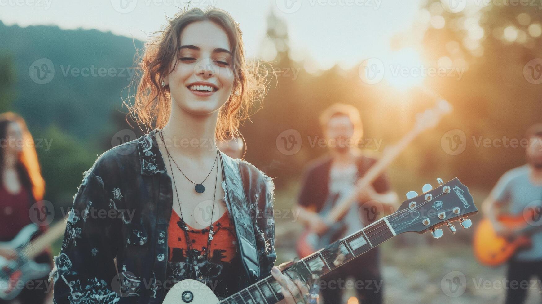 Joyful music under the sunset sky with friends photo