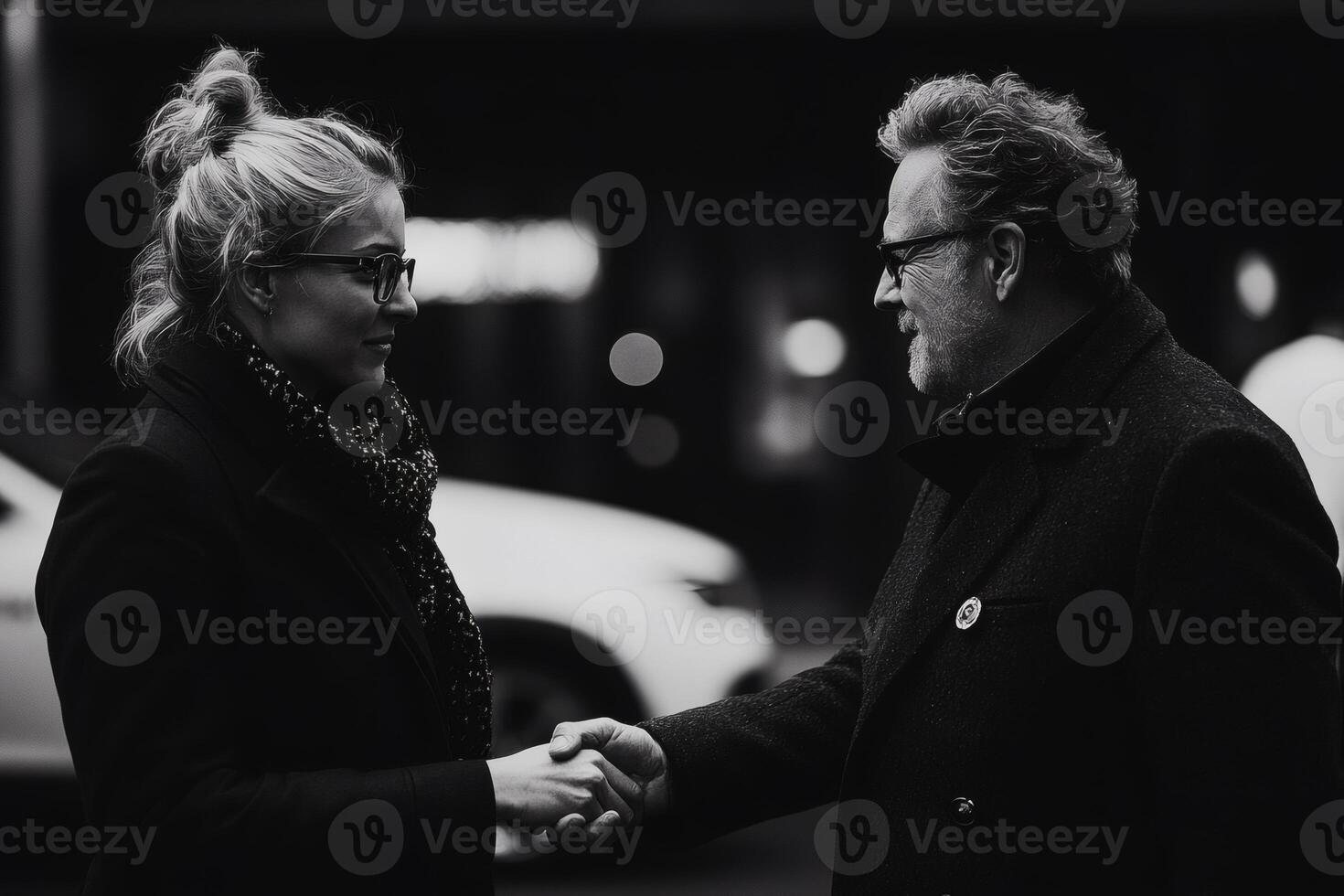 Friends greeting warmly in a bustling city photo