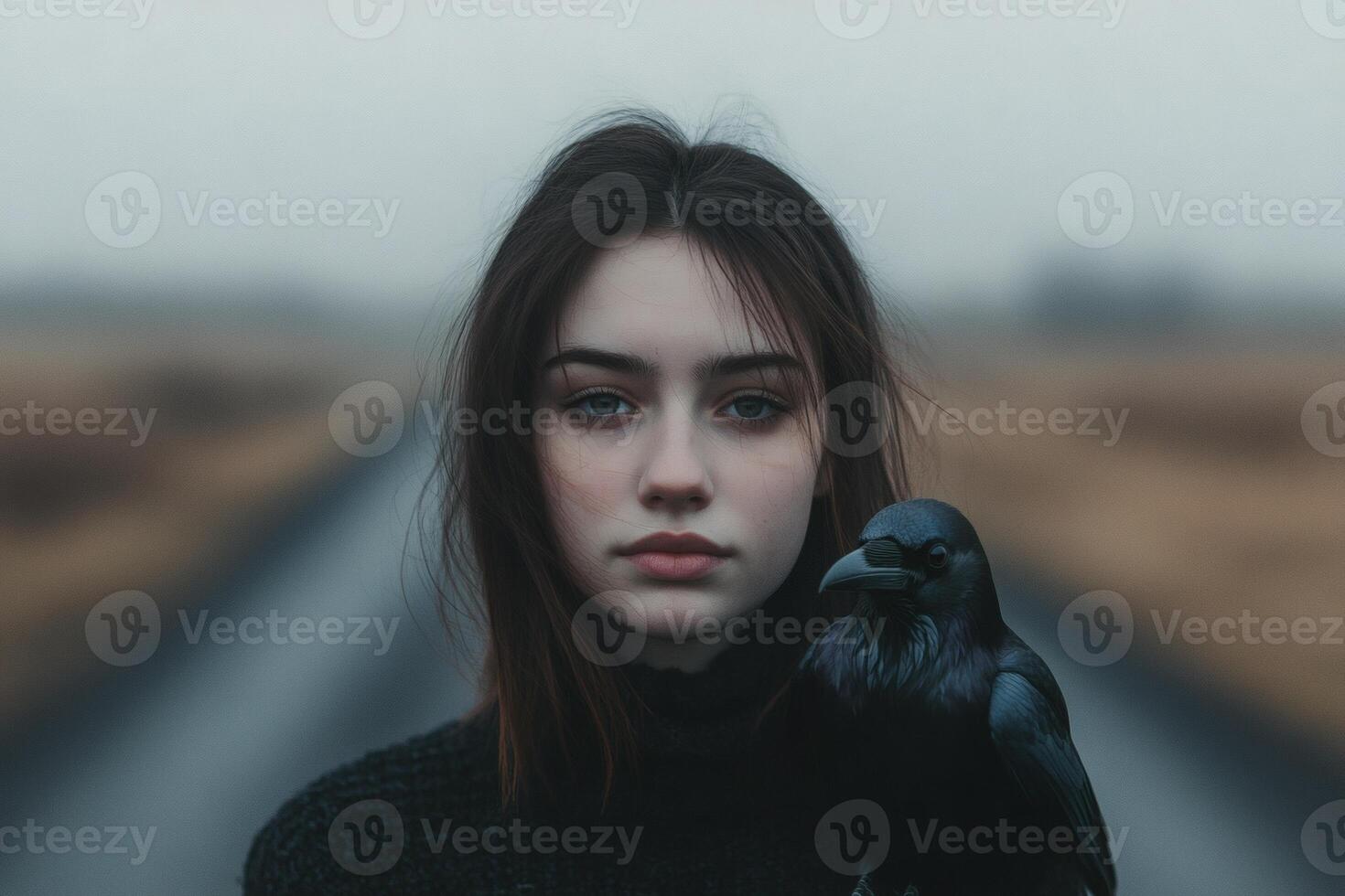 Portrait of a girl with a raven in fog photo