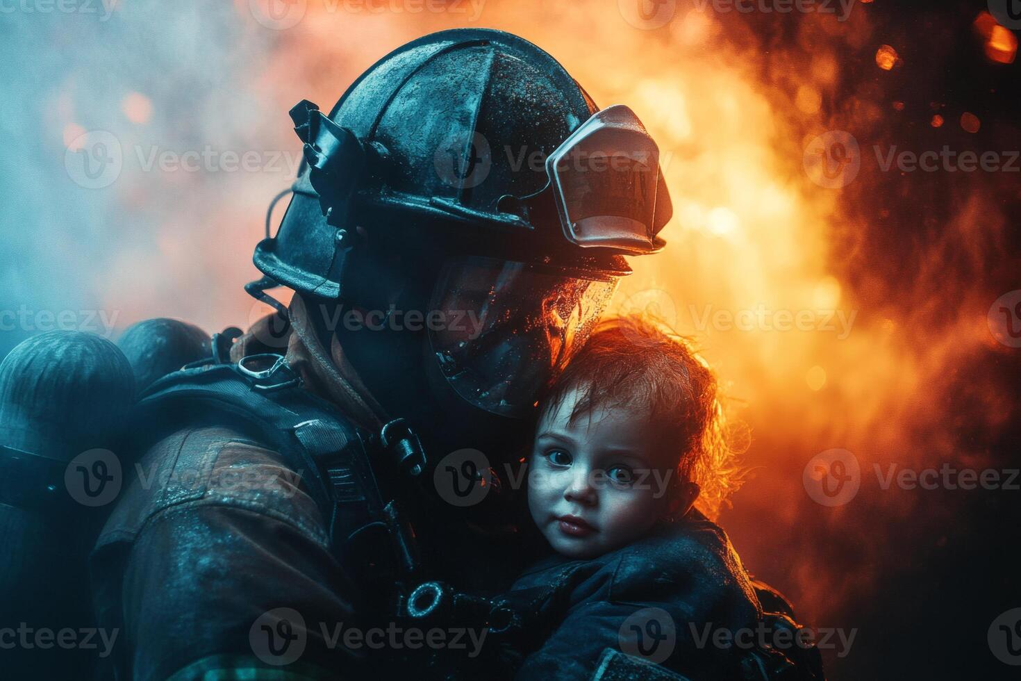 Firefighter rescues child from blazing inferno photo