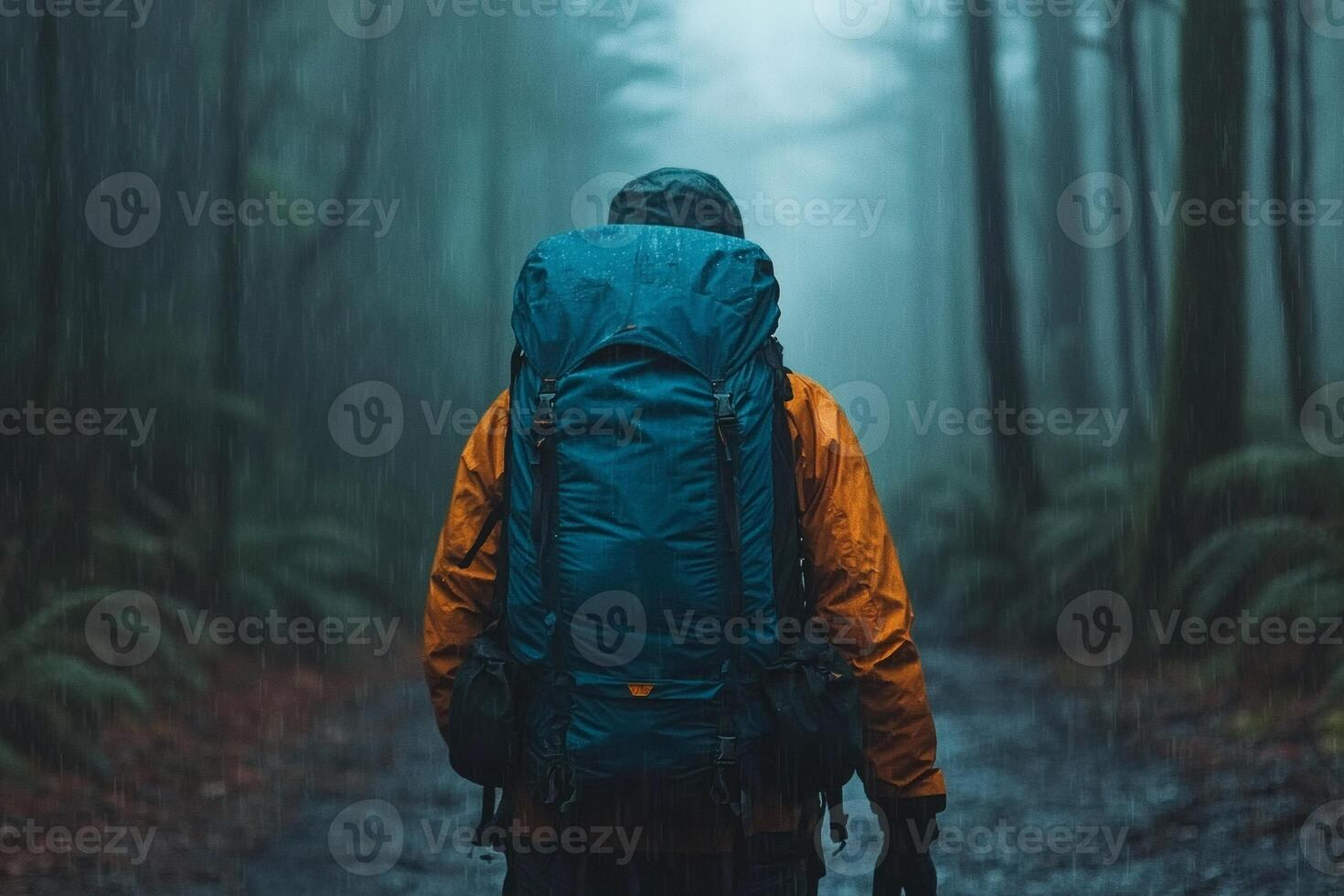 Exploring a misty forest path on a rainy day photo