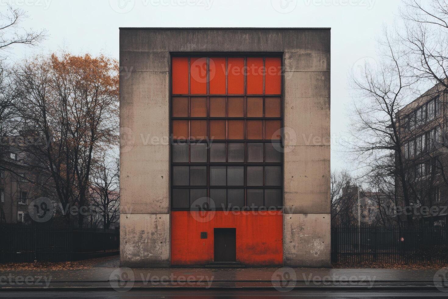 Modern geometric structure against moody sky photo