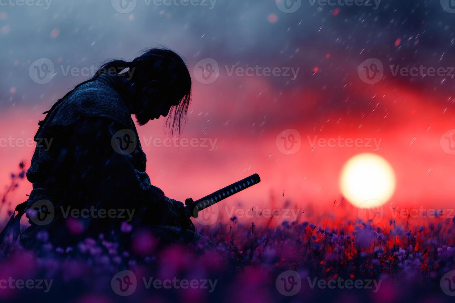 Warrior in silhouette at sunset over flowers photo