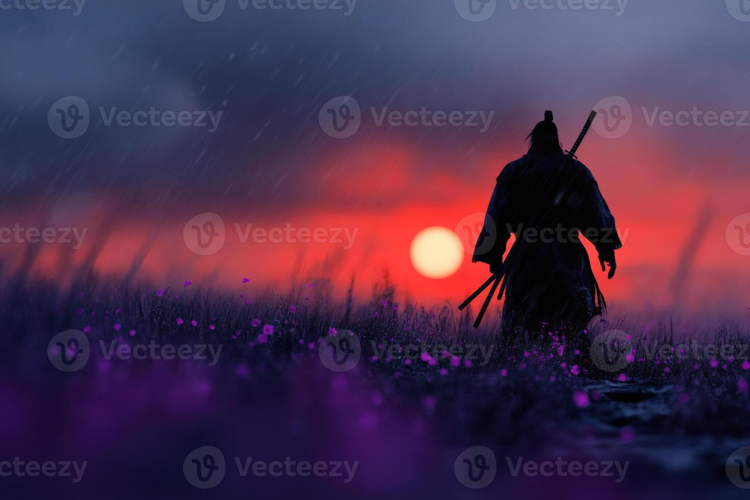 Warrior walks towards the sunset horizon photo