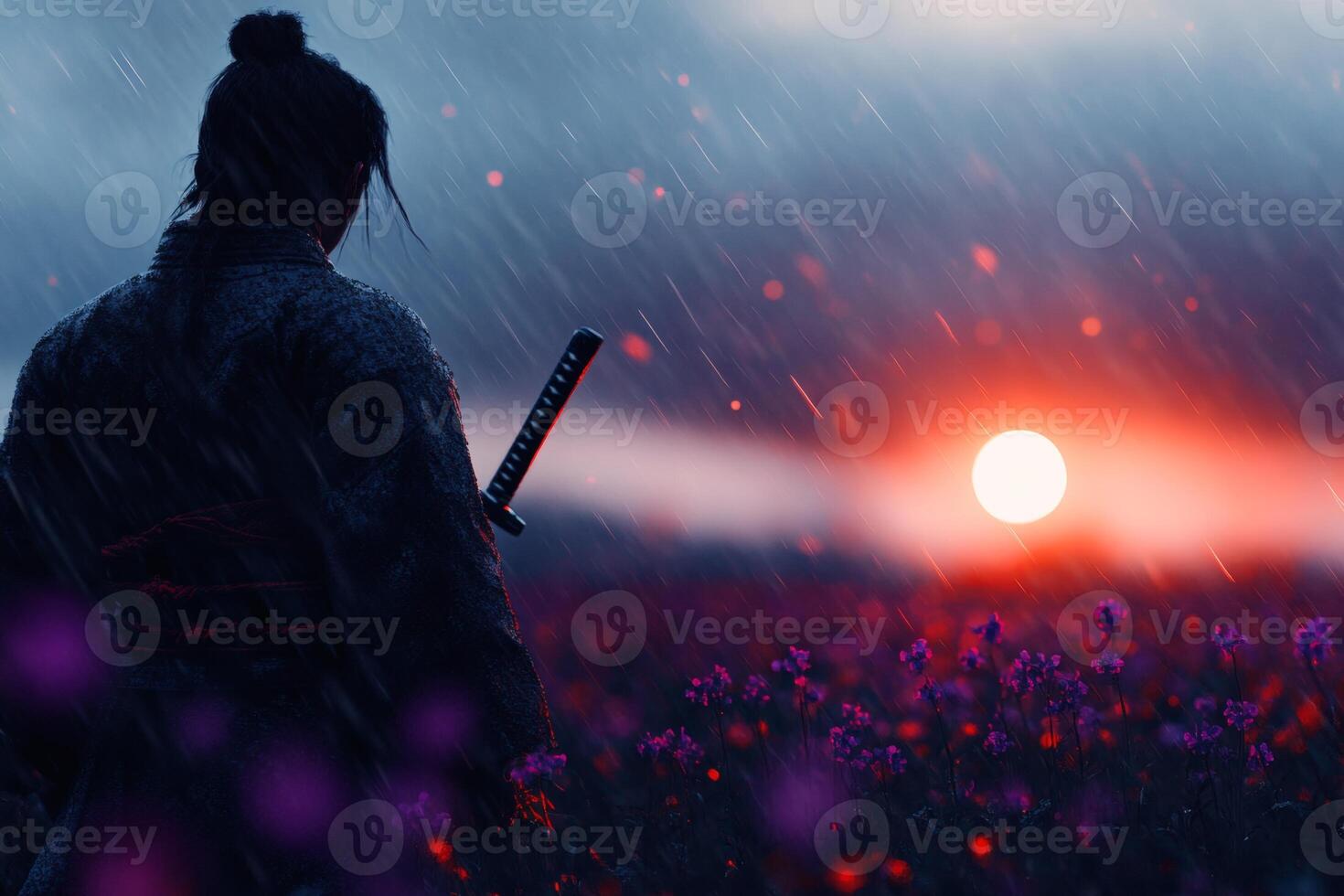 Warrior standing in rain at sunset photo