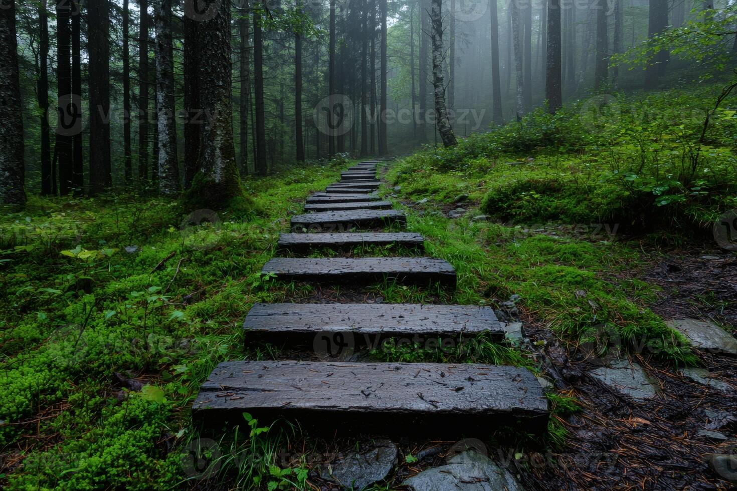 Mysterious pathway through a foggy forest photo