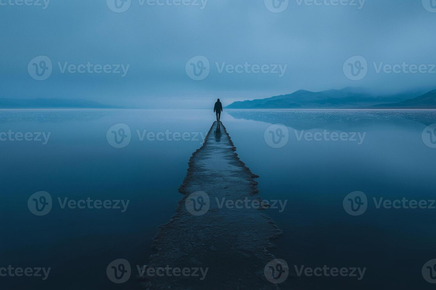 Solitary wanderer on a tranquil lake at dusk photo