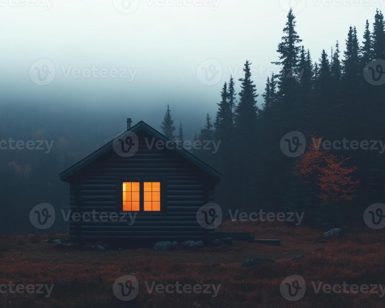 Warm glow in a secluded forest cabin at dusk photo