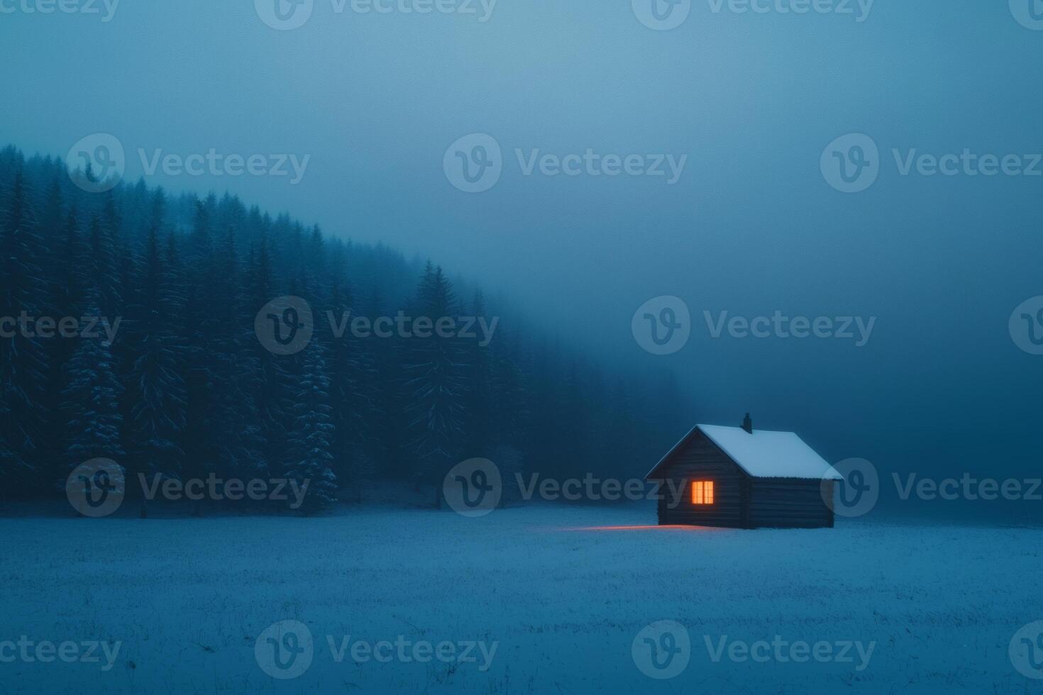 Warm glow of solitude in a snowy forest photo