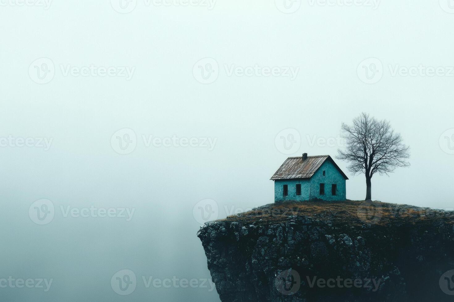 Isolated blue house on fog-covered cliff photo