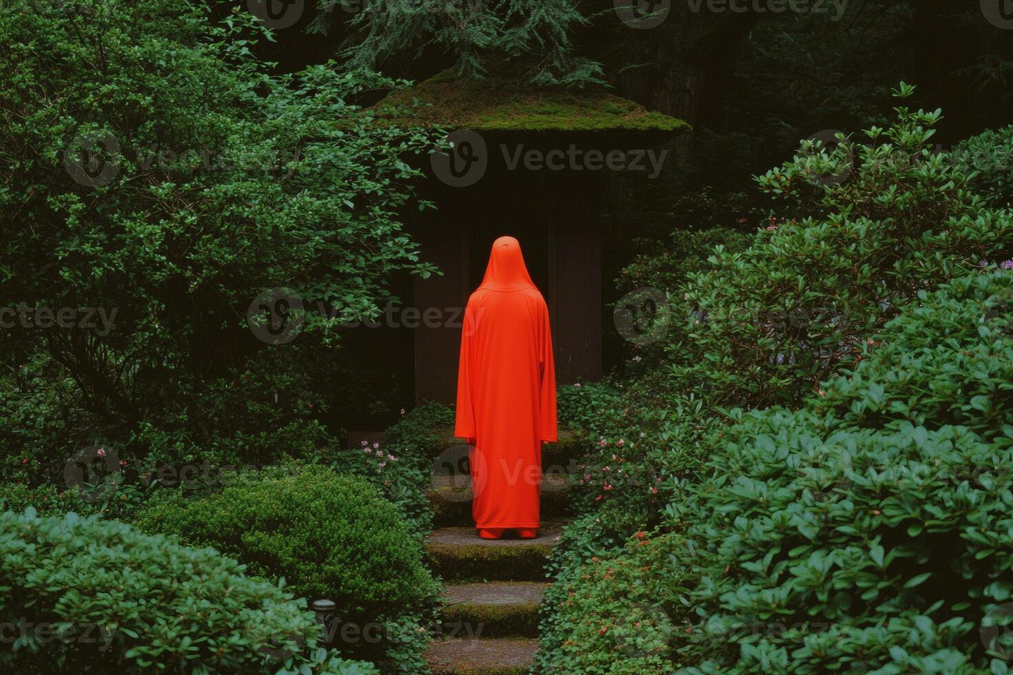 Red-robed figure explores nature, Gen AI magic photo