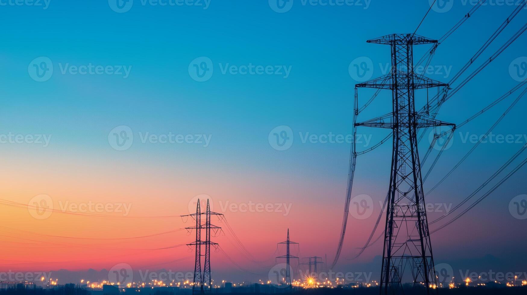 Power lines silhouetted against a twilight sky photo