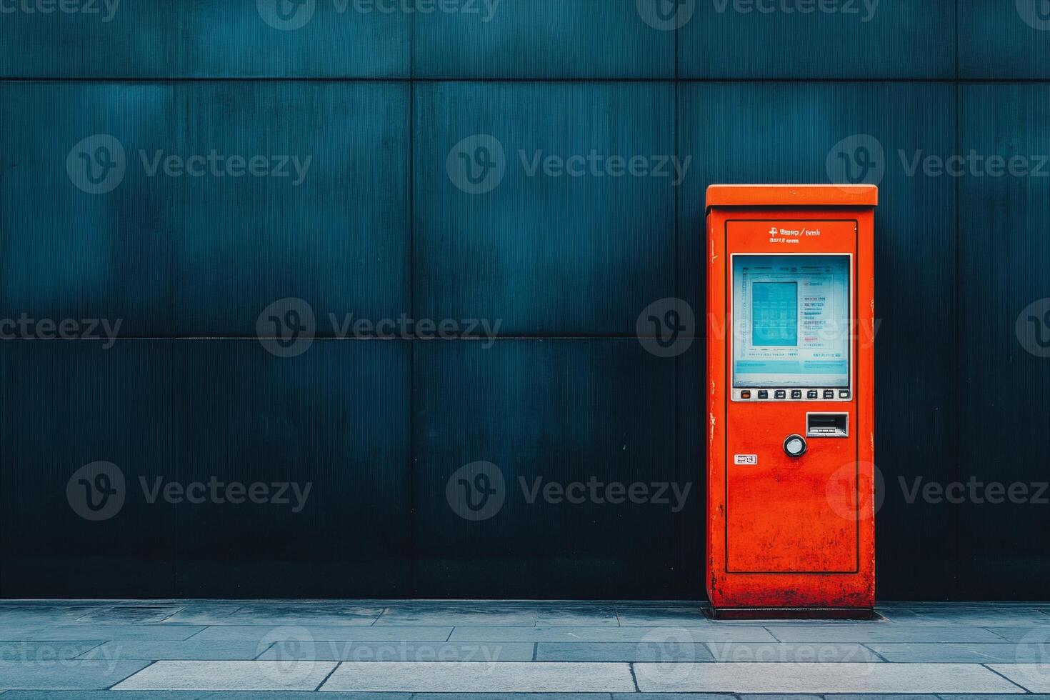 A vibrant red kiosk contrasts starkly with a sleek dark wall photo
