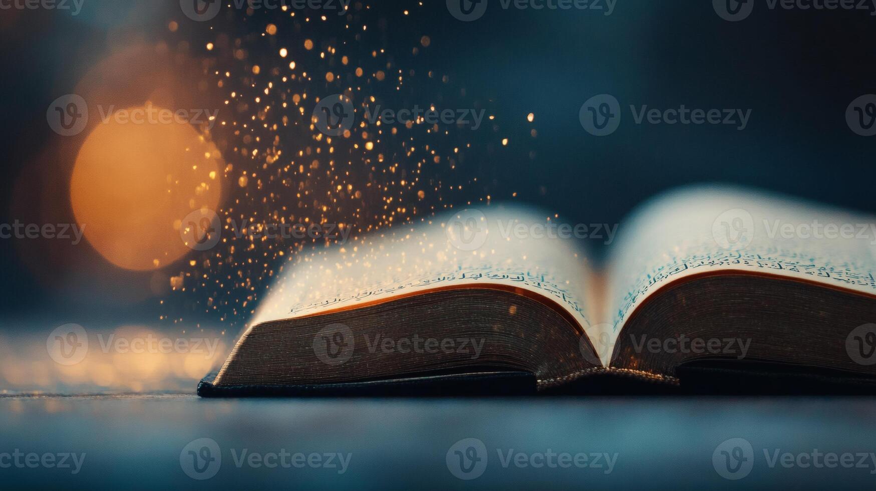 Open book with shimmering light in cozy space photo
