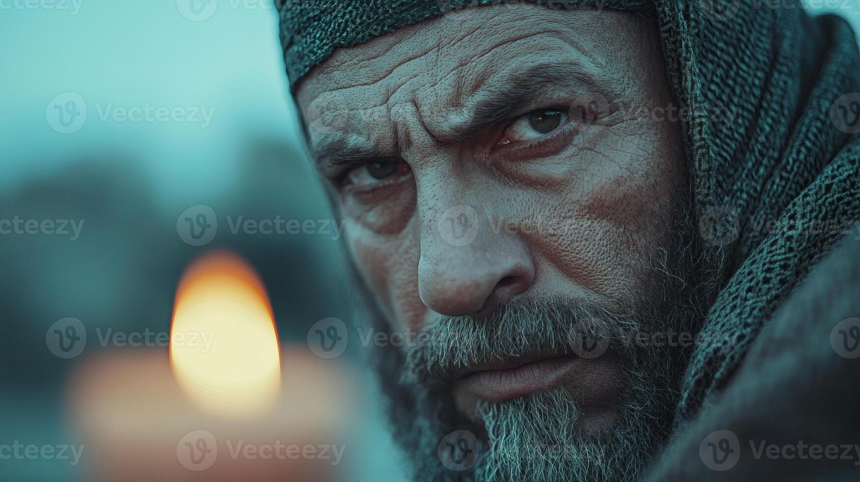 Intense gaze of a medieval warrior at dusk photo
