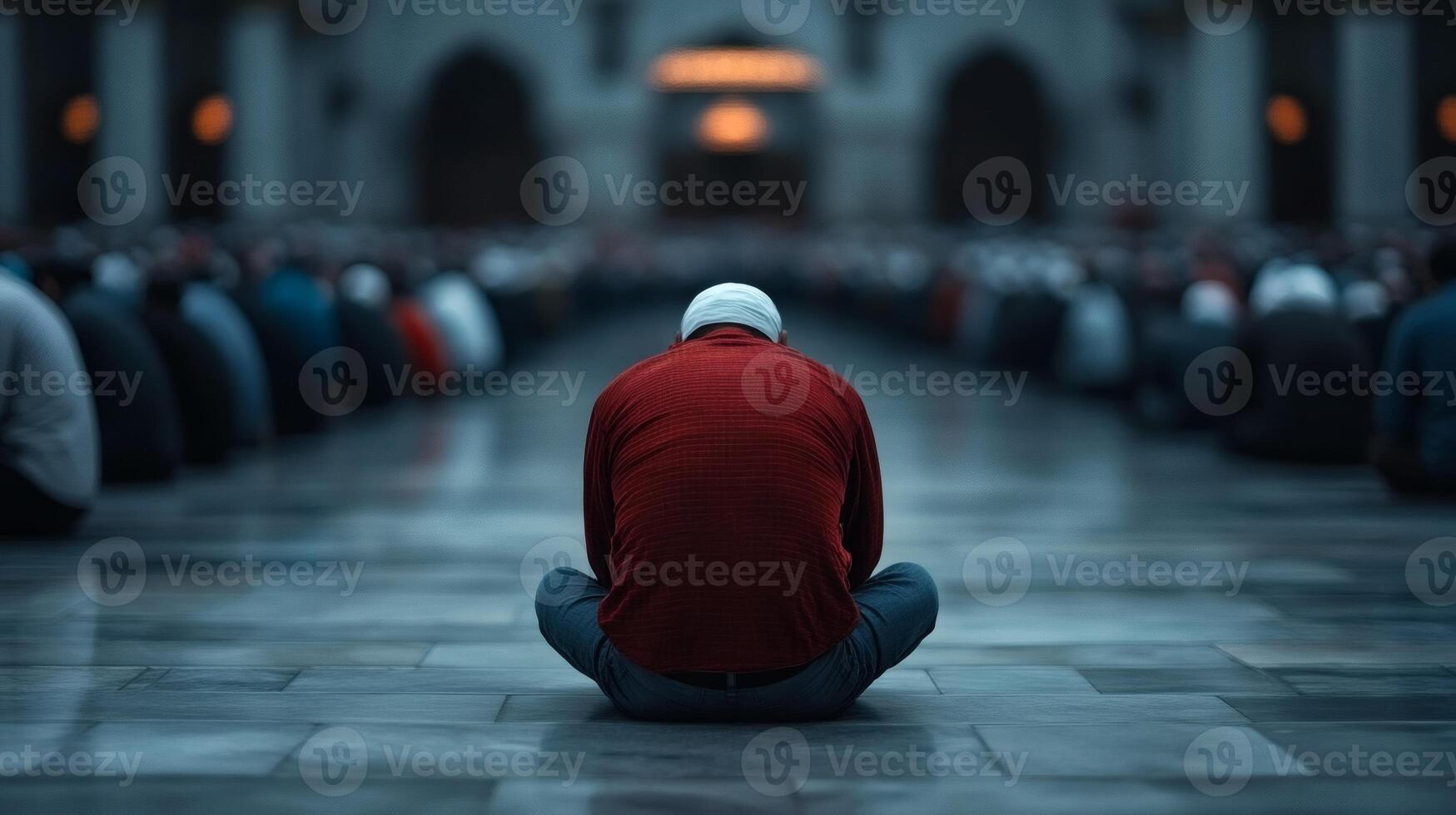 Evening prayers in quiet mosque reflection photo