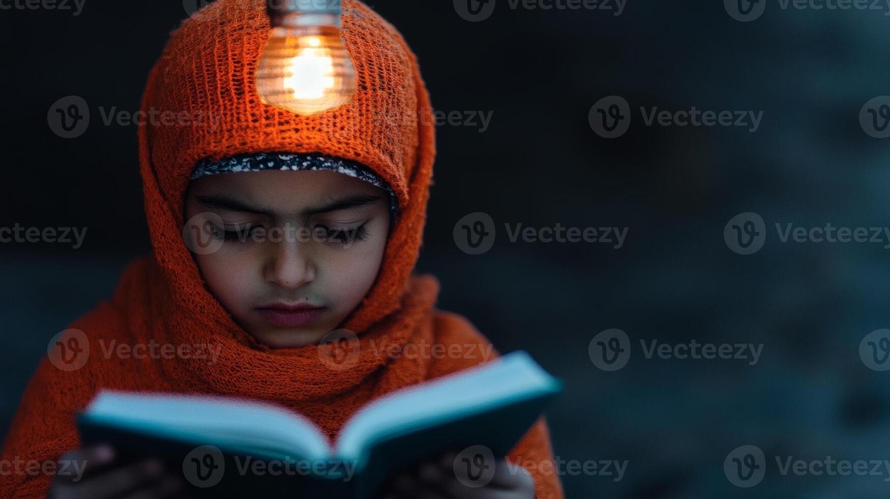 Child immersed in reading under warm light photo