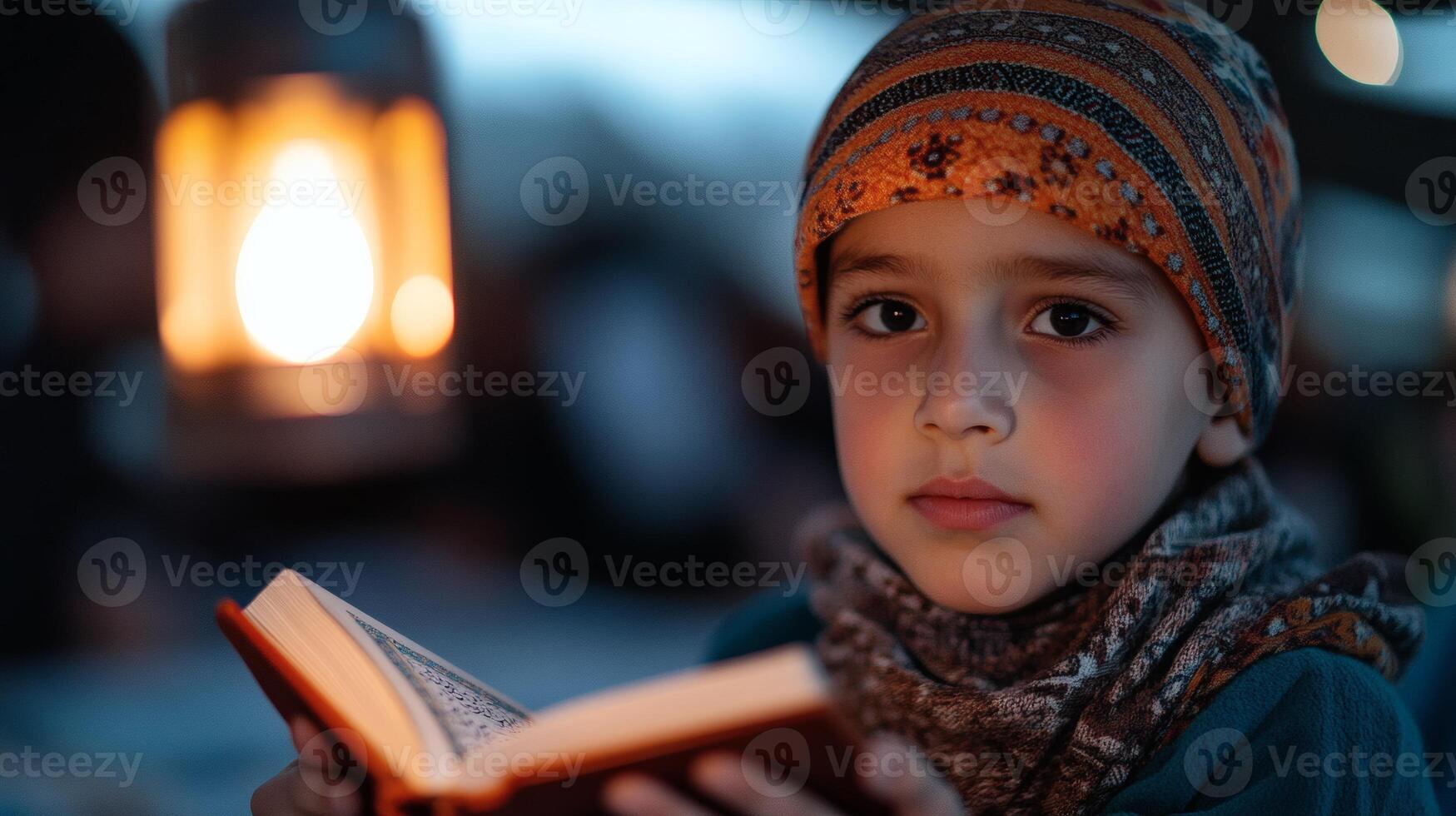 Captivated child reading under lantern glow photo