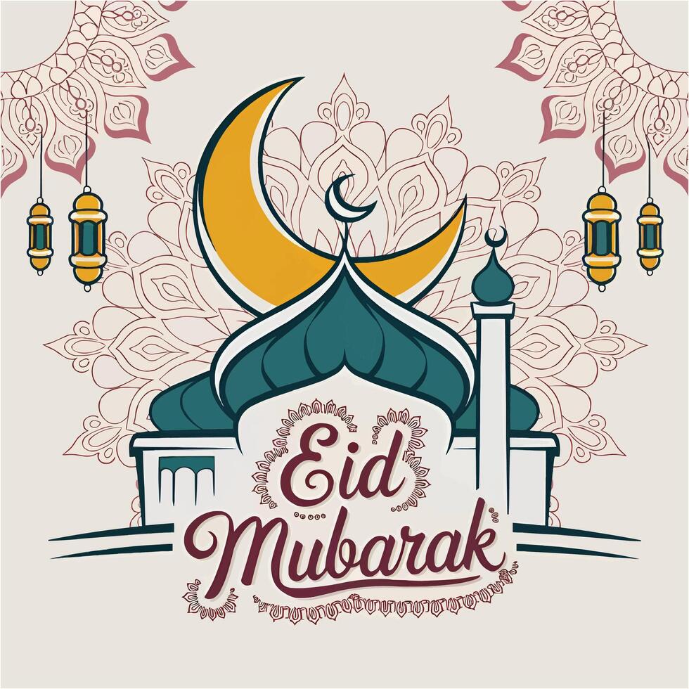 eid mubarak greeting card with mosque and lanterns vector
