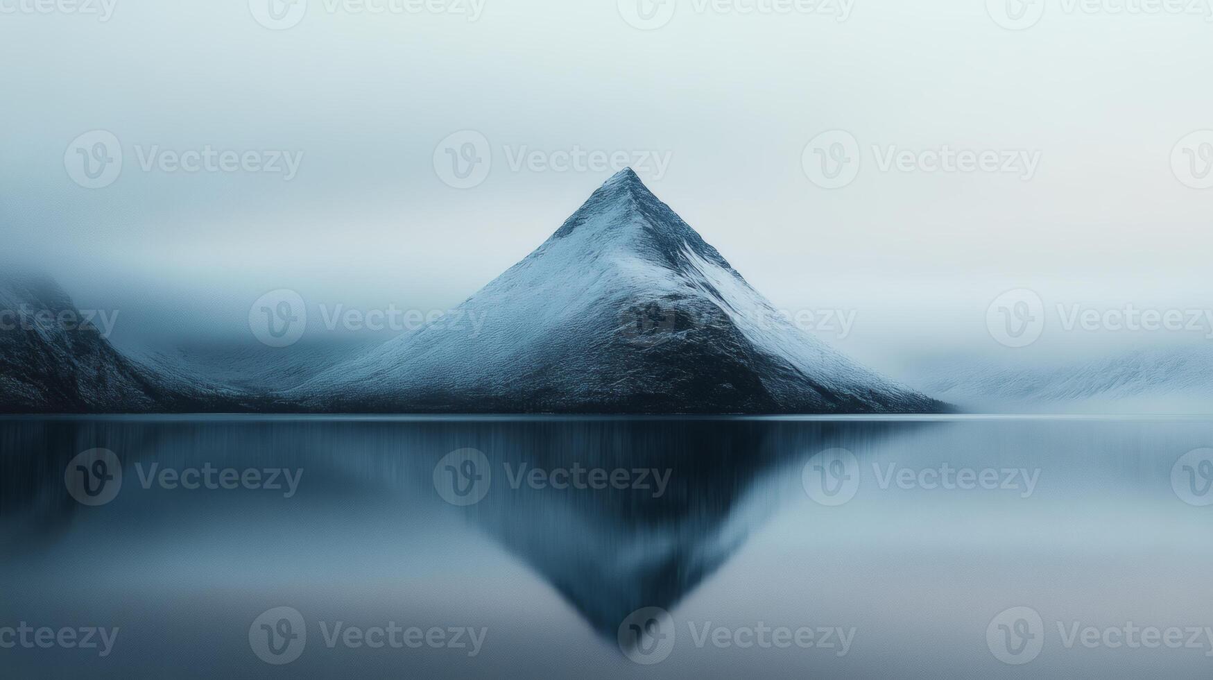Misty peaks reflect on still waters at dusk photo