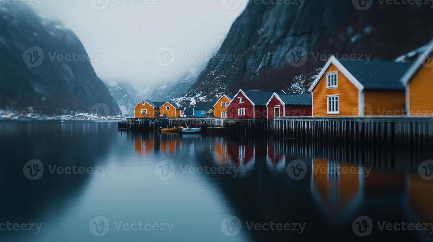 Colorful cabins reflect in a serene fjord photo