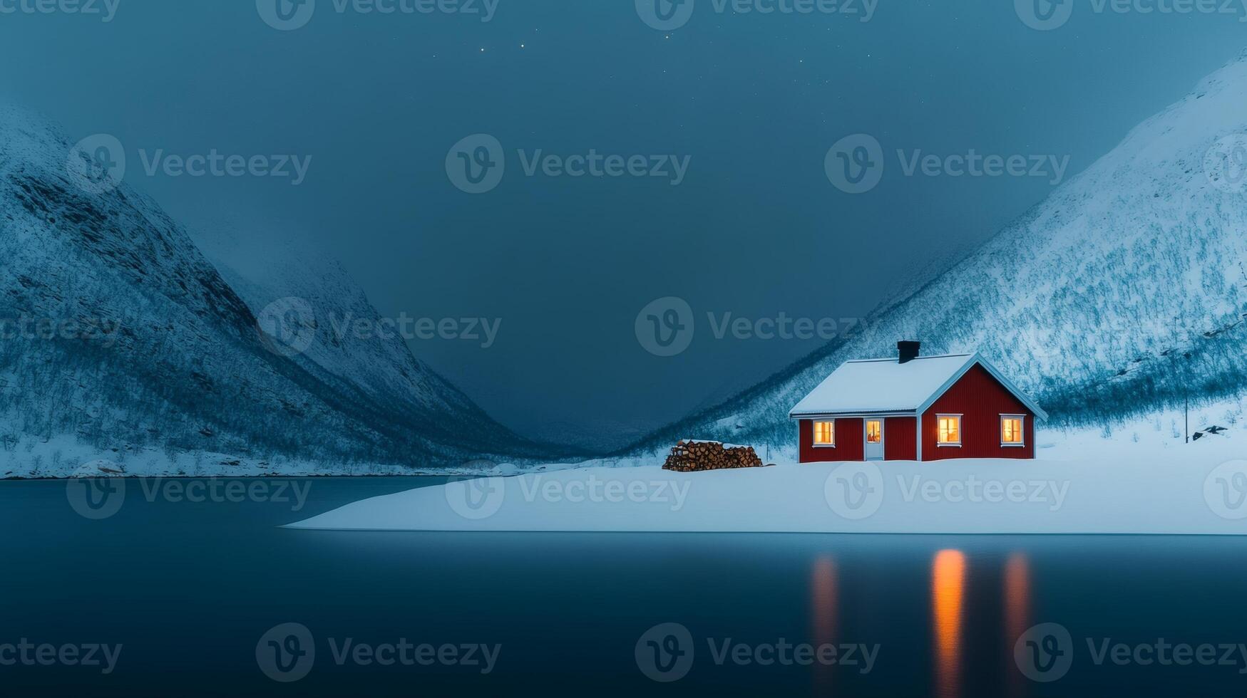 Cozy red cabin by the serene winter lake photo