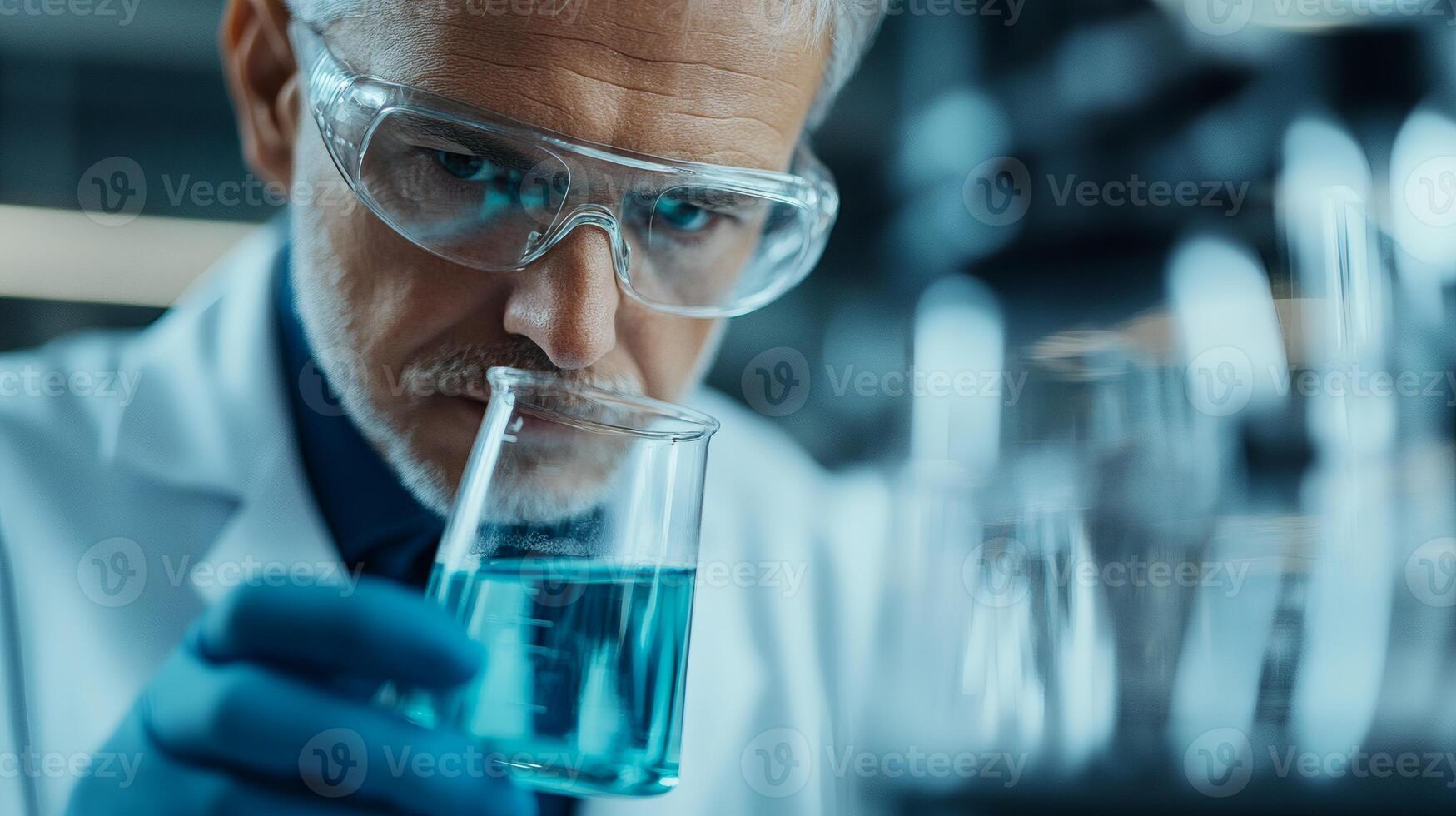 Scientist studying liquid in a lab photo