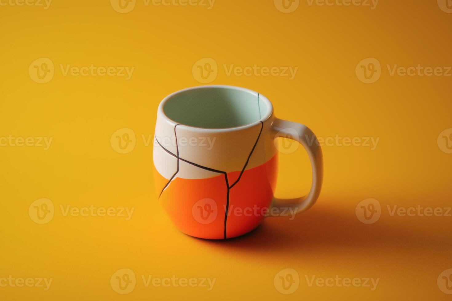 Unique orange and white ceramic mug displays artistic cracks against a vibrant yellow backdrop in a cozy studio setting photo