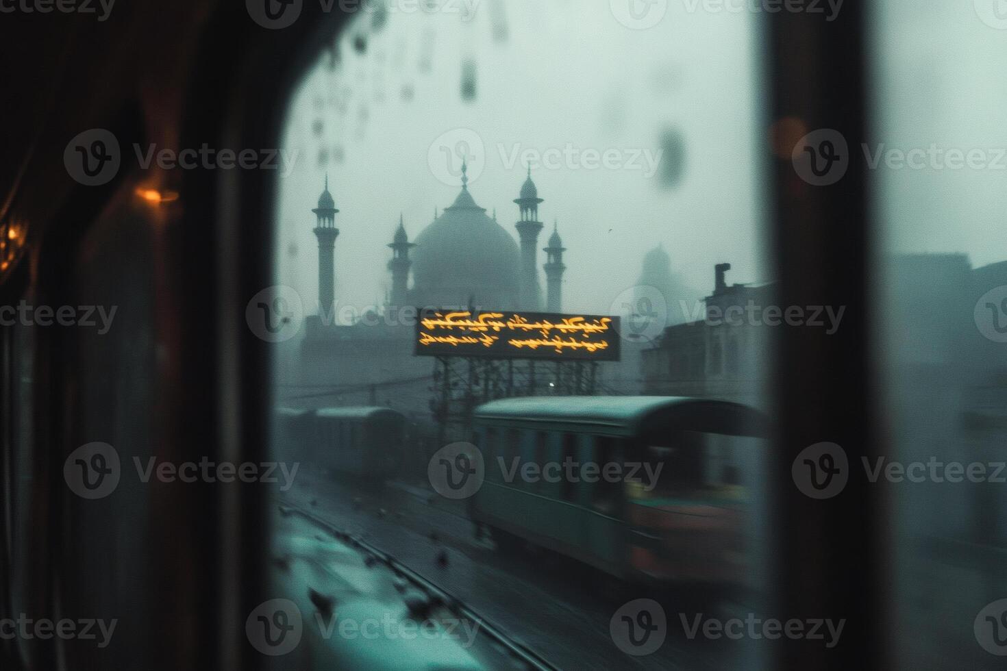 Cloudy railway journey offers a glimpse of majestic architecture through misty train window in the early morning photo