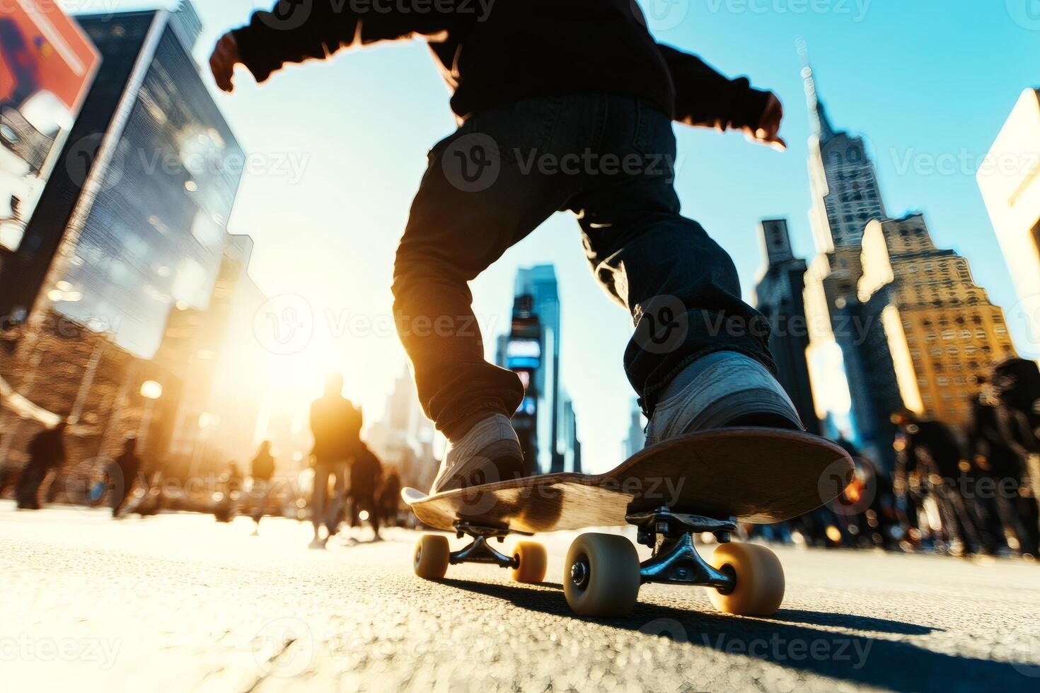 Skater glides through bustling city streets during golden hour in New York, capturing the essence of urban life and freedom photo