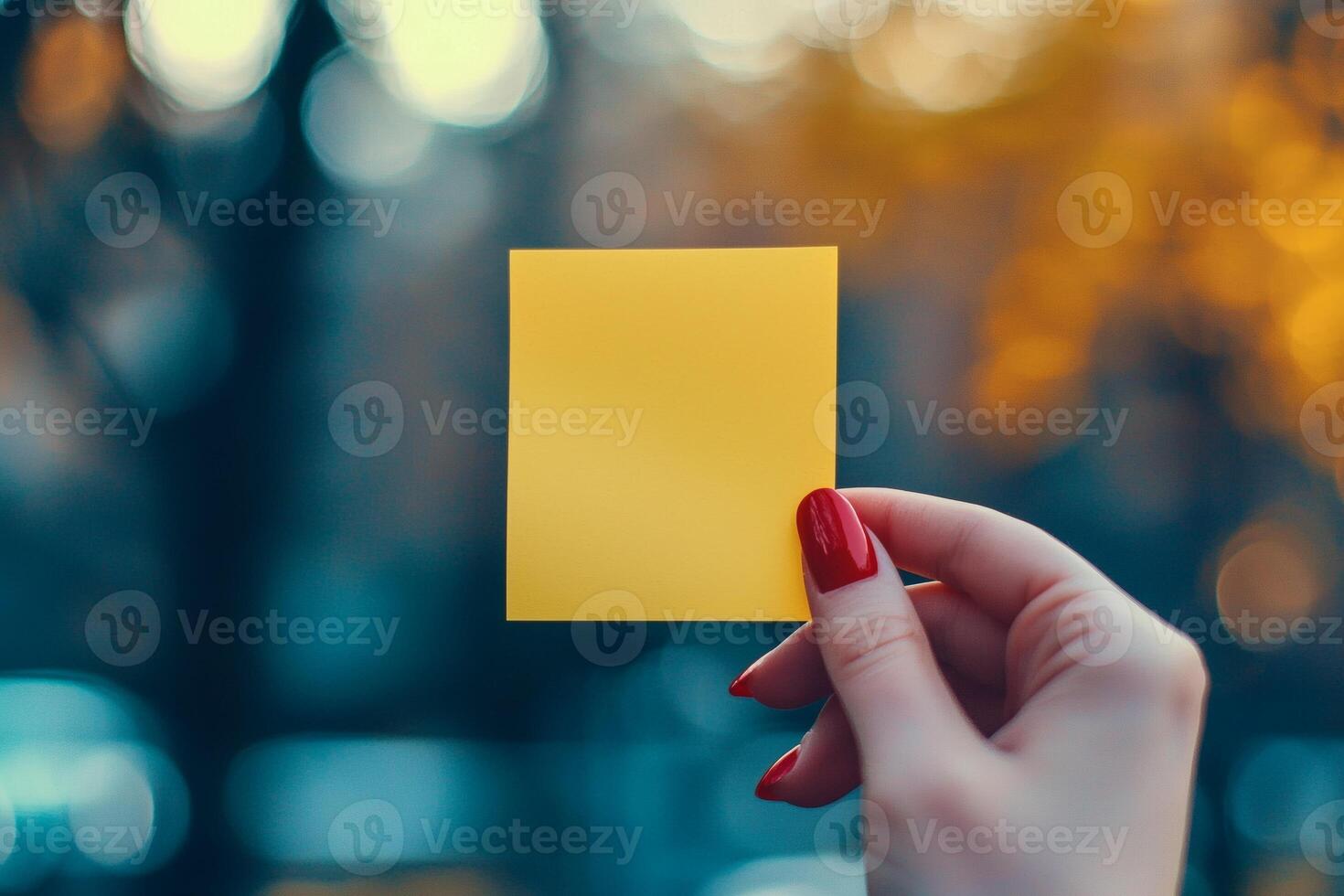 Yellow sticky note held in hand against a blurred autumn backdrop brings warmth and inspiration to the chilly afternoon photo