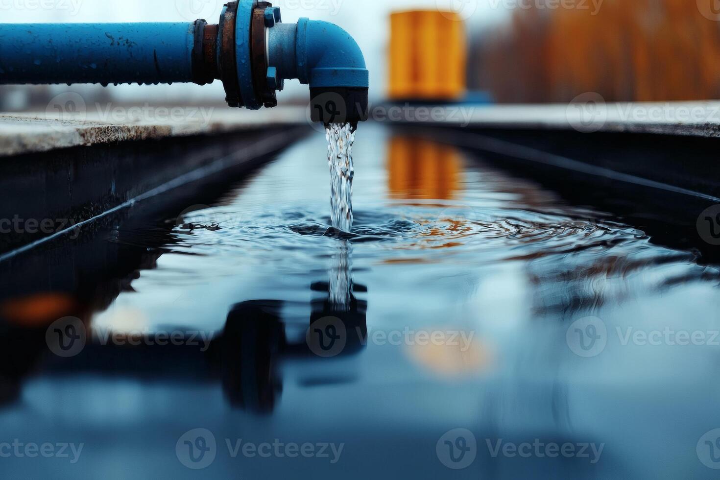 Water flows from a blue pipe into a serene pond at sunset, capturing nature's beauty in a tranquil setting photo