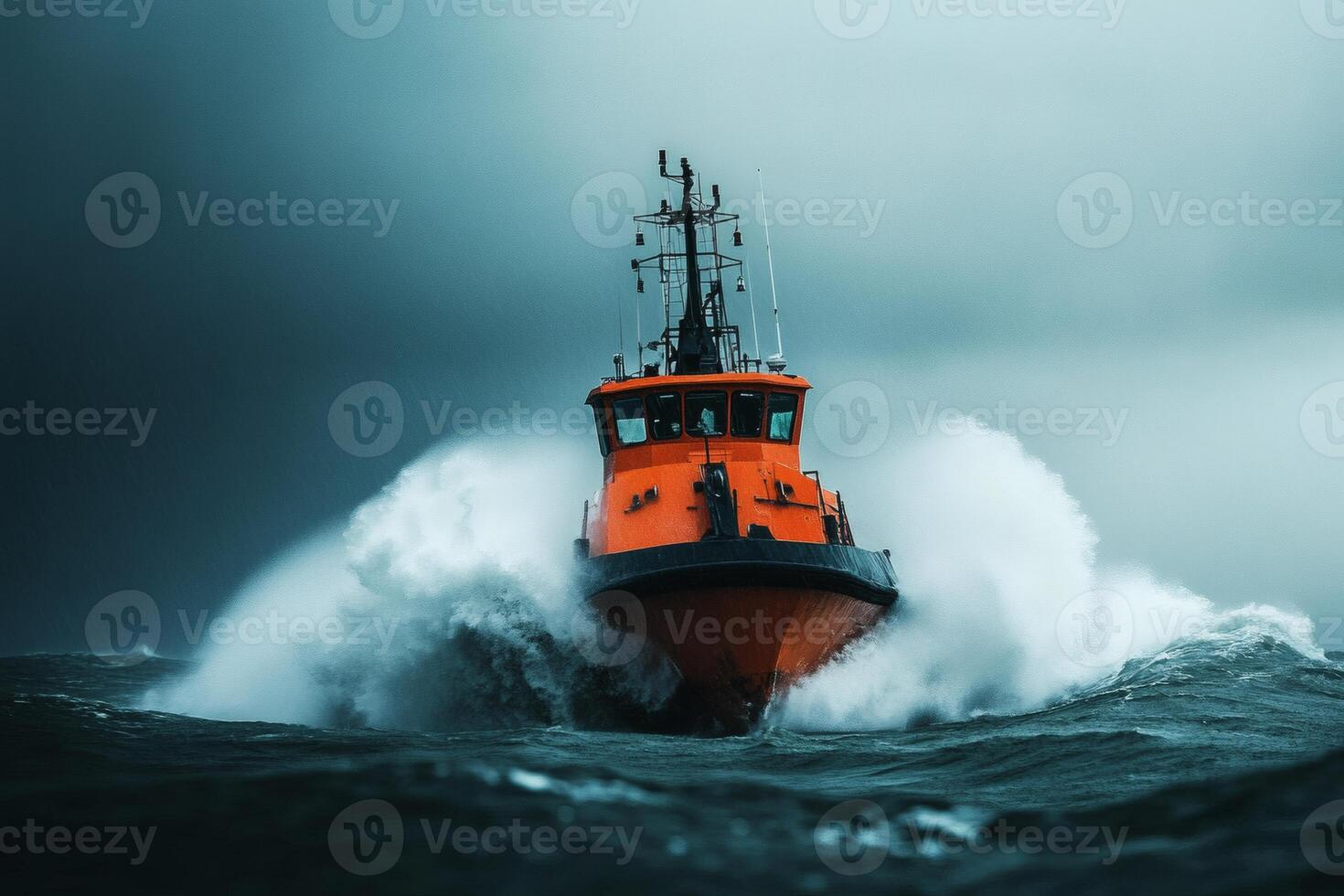 Tugboat battles turbulent waves in a stormy sea, showcasing courage and resilience amidst nature's fury photo