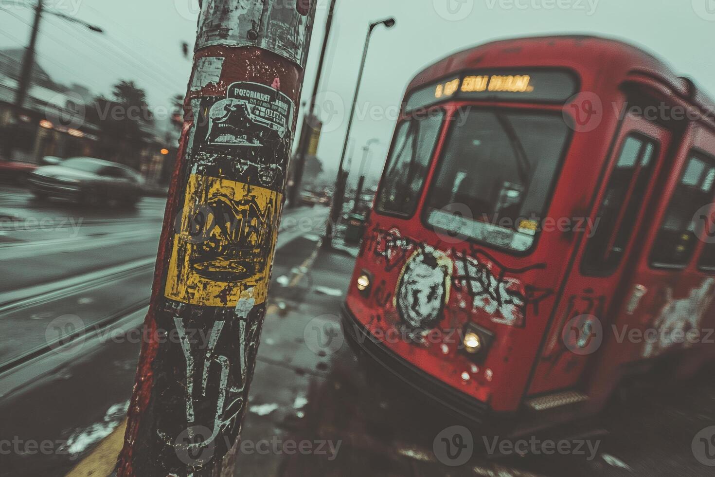 Graffiti-covered pole stands near a vibrant red tram moving through a bustling urban street on a foggy day photo