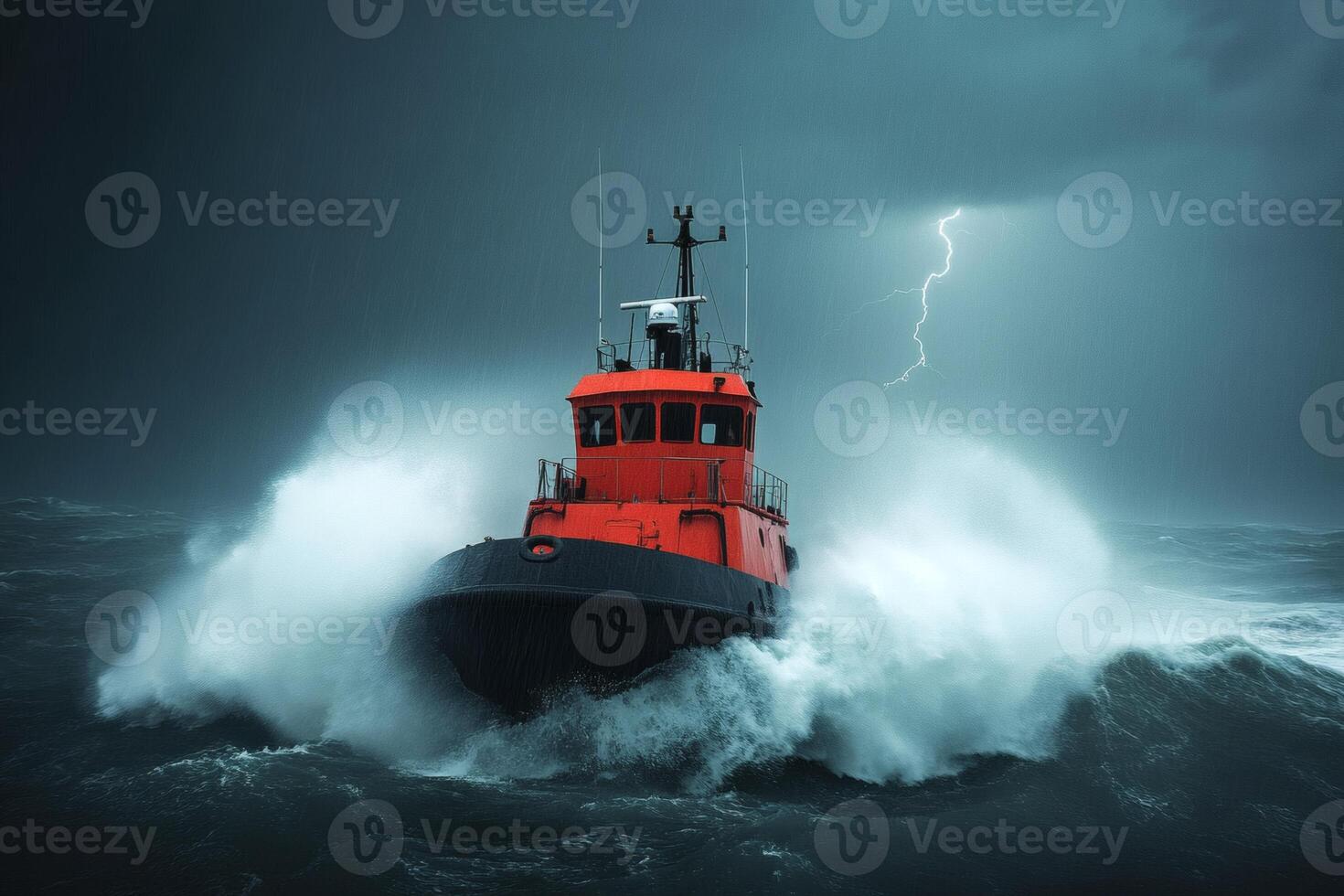Struggling against nature's fury, a courageous tugboat battles relentless waves in a stormy ocean as lightning illuminates the sky photo