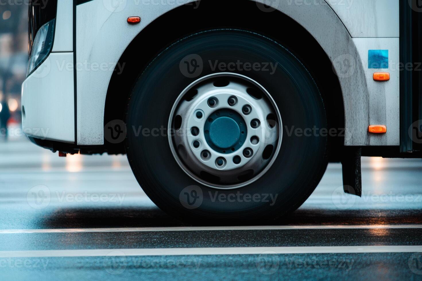 Urban motion captured through the rotation of a bus wheel reflecting city life under a rainy sky photo