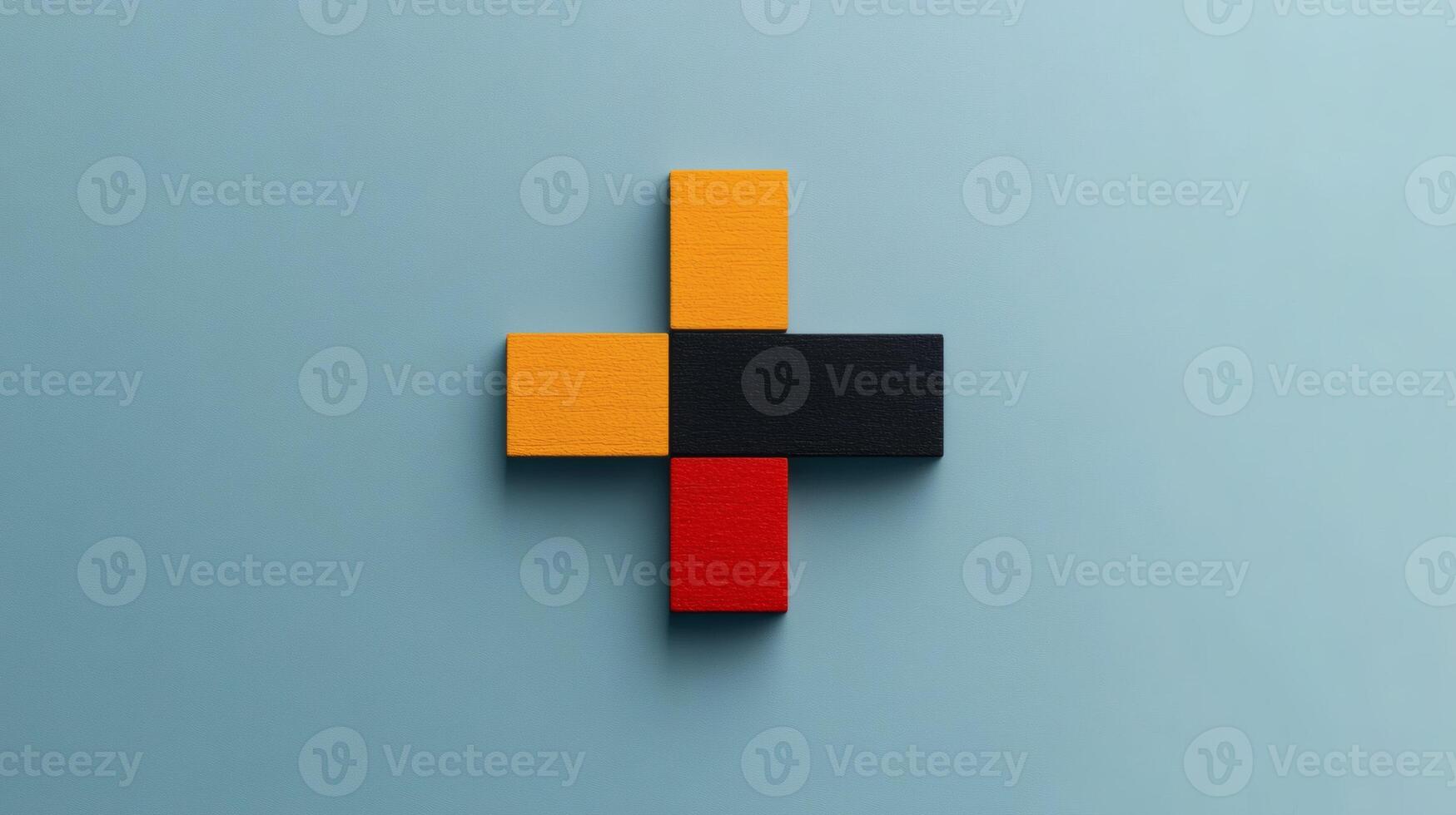 Creative arrangement of colorful wooden blocks forming a bold plus sign on a soft blue backdrop in a minimalist setting photo
