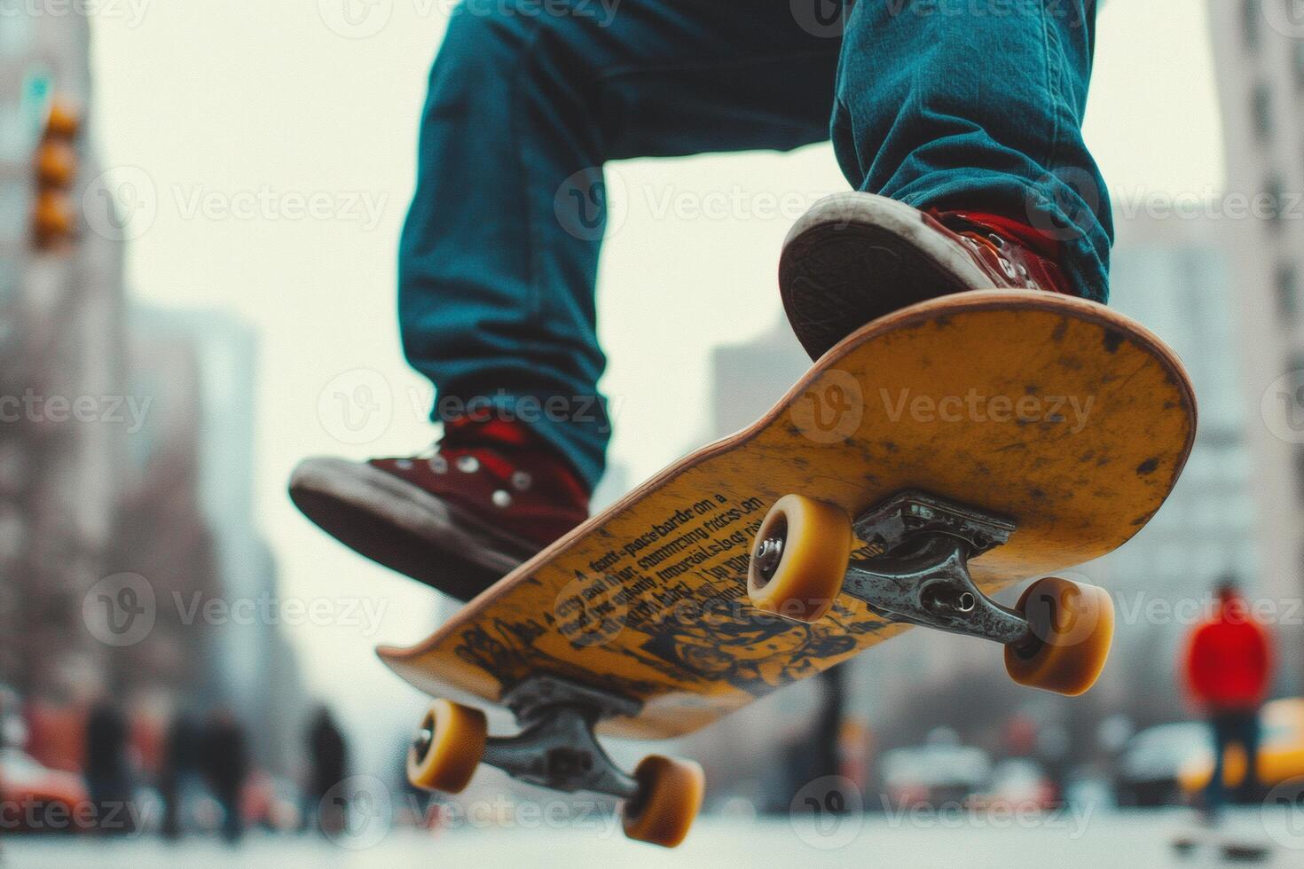 Skateboarder performs an impressive trick mid-air in an urban setting under a cloudy sky on a bustling city street photo