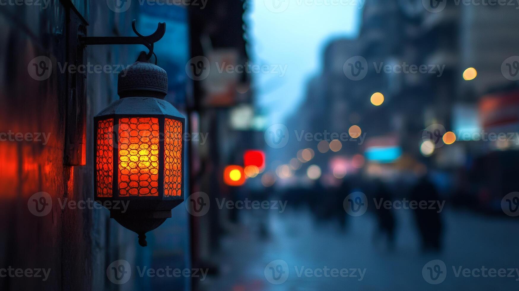 Warm light glows from a traditional lantern on a bustling street in a vibrant city during the evening hours photo