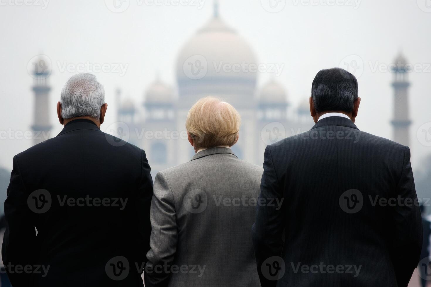 Three leaders gaze upon the majestic Taj Mahal, reflecting on history and unity during a hazy afternoon in Agra photo