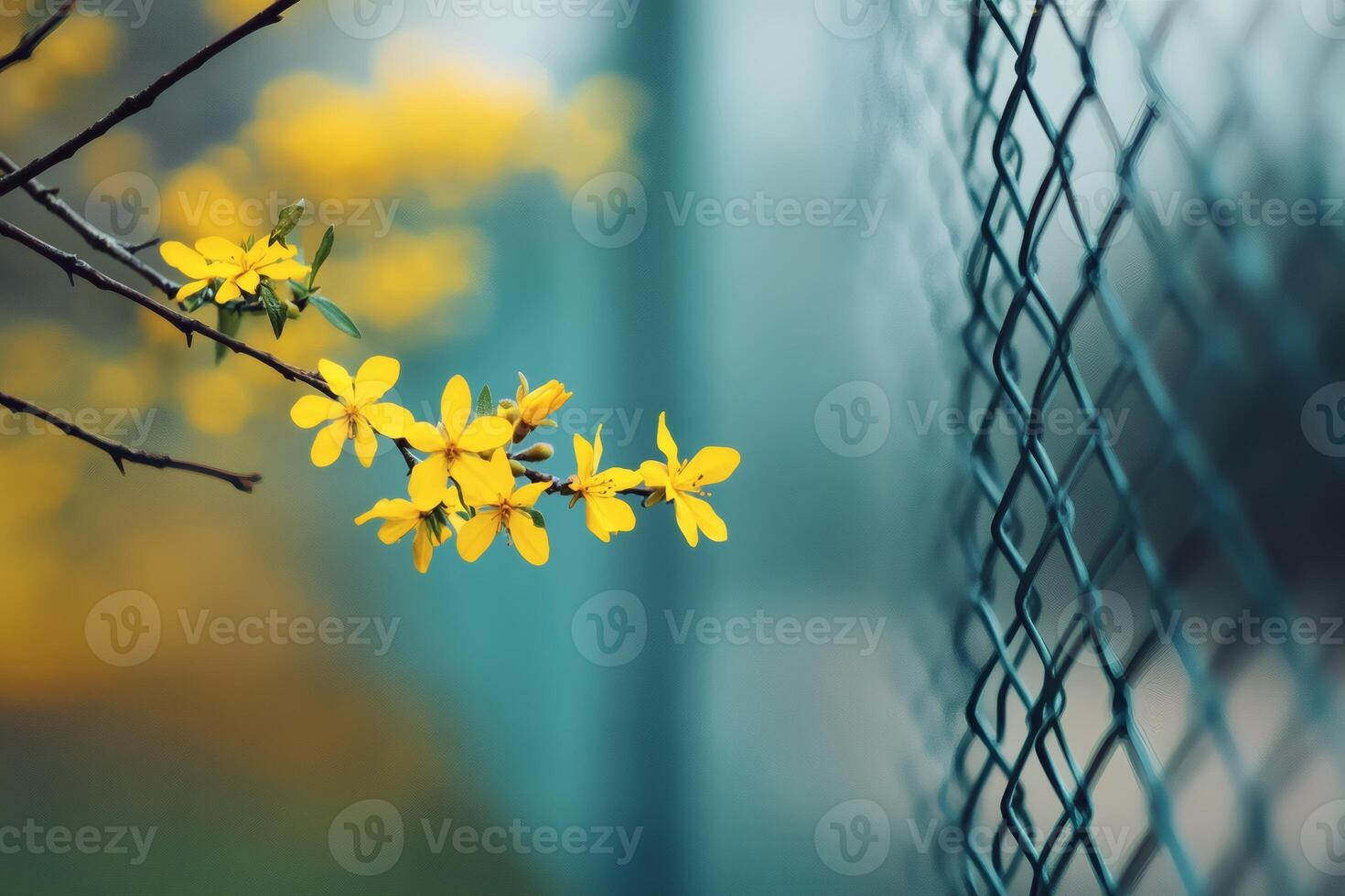 Delicate yellow blossoms contrast beautifully with a muted background and a chain-link fence in a tranquil outdoor setting photo