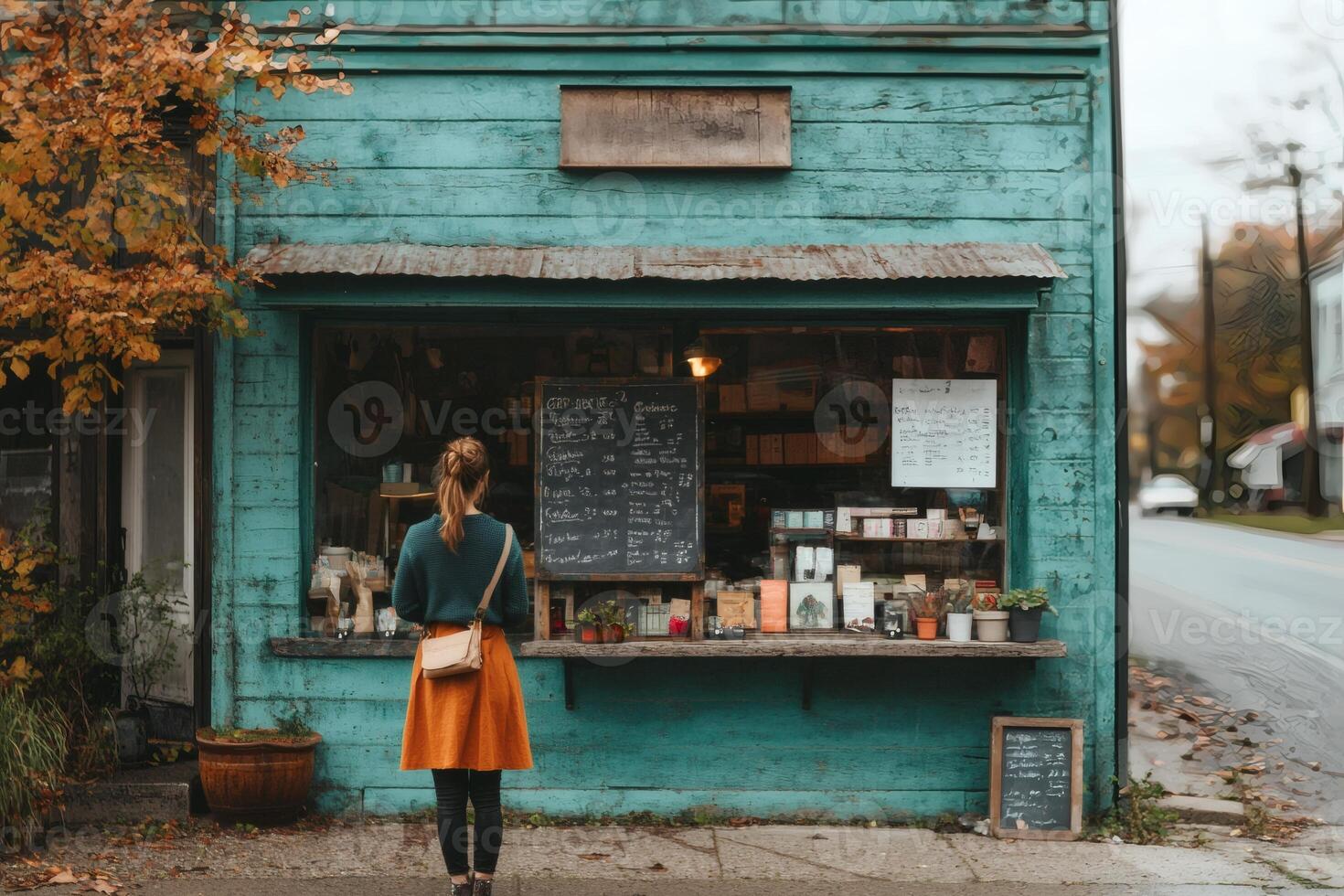 Exploring a quaint bookstore in a charming blue building on a crisp autumn day near a peaceful street photo