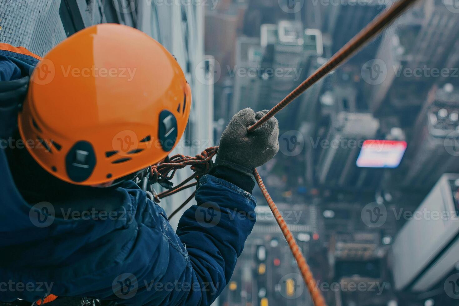 Daring descent from a skyscraper in the heart of the city at dawn with an expert climber navigating the heights photo