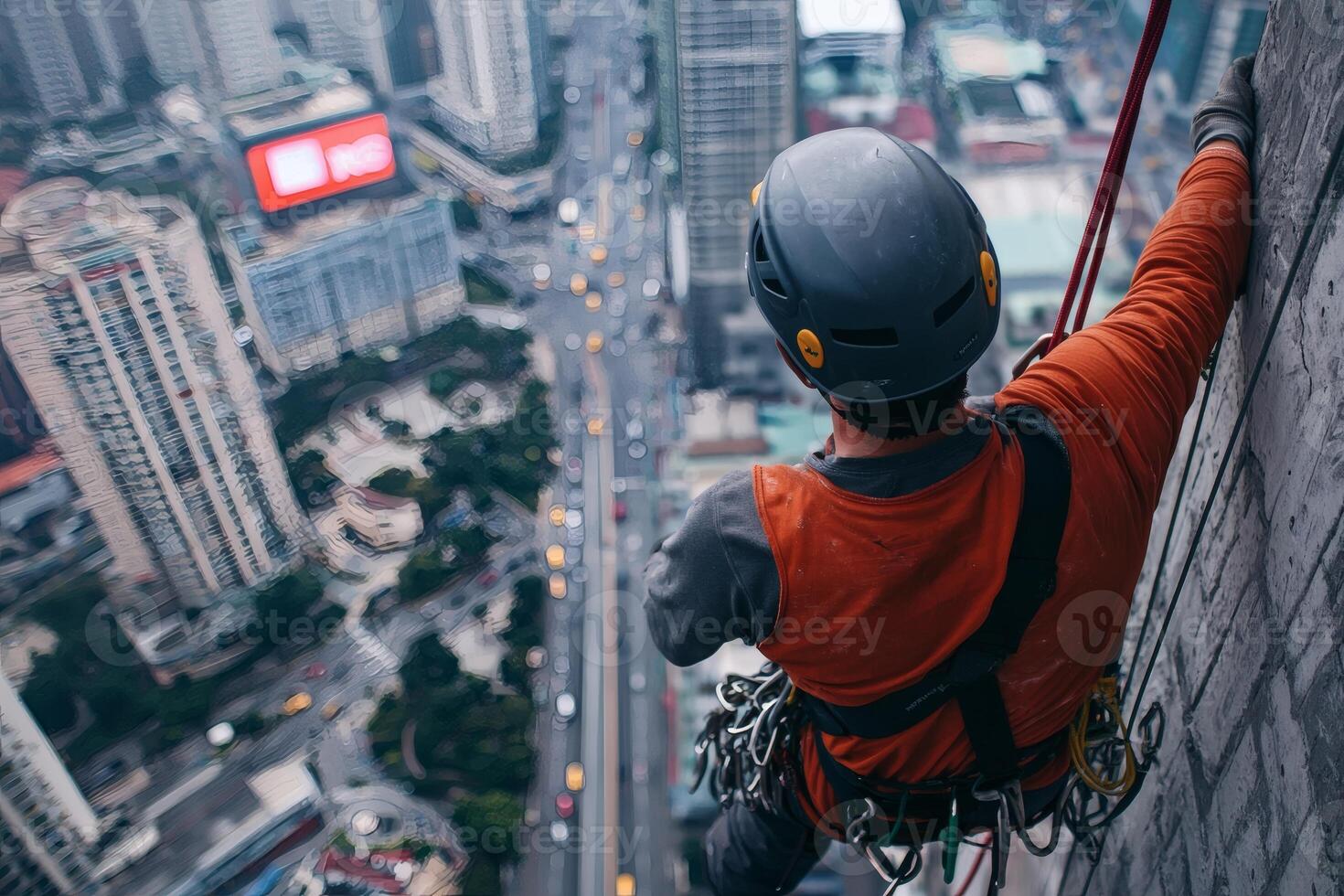 Challenging height a climber navigates the urban skyline of a bustling city at sunset photo