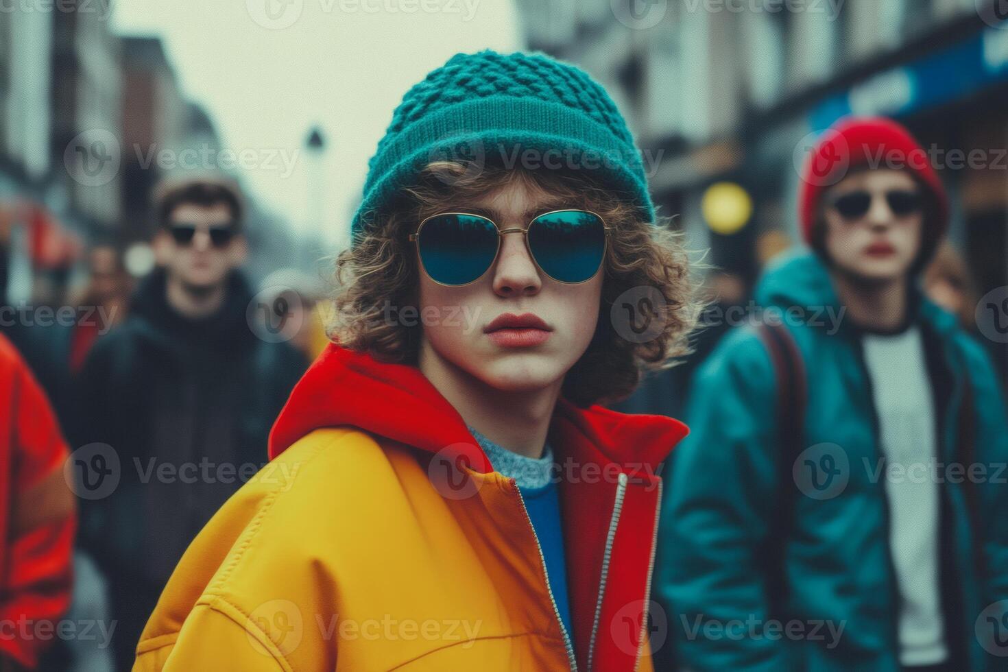 Youthful street fashion shines bright in a bustling urban setting filled with vibrant jackets and modern accessories photo