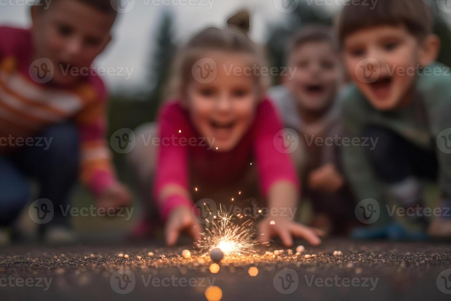 Excitement bubbles as children gather around a sparkler lighting up the evening with wonder and joy in the summer dusk photo