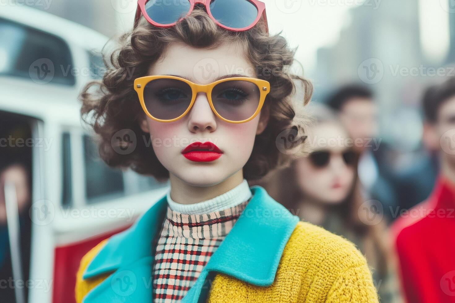 Vintage fashion statement with vibrant colors captured on a bustling city street during a sunny afternoon photo