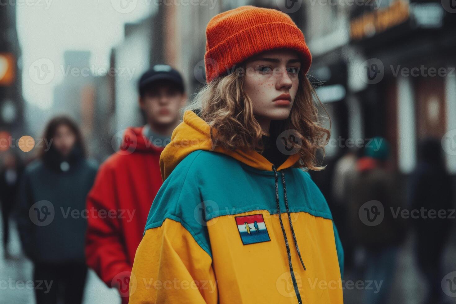 Urban wanderers stroll through a bustling city street while embracing modern fashion amidst a moody, cool atmosphere photo