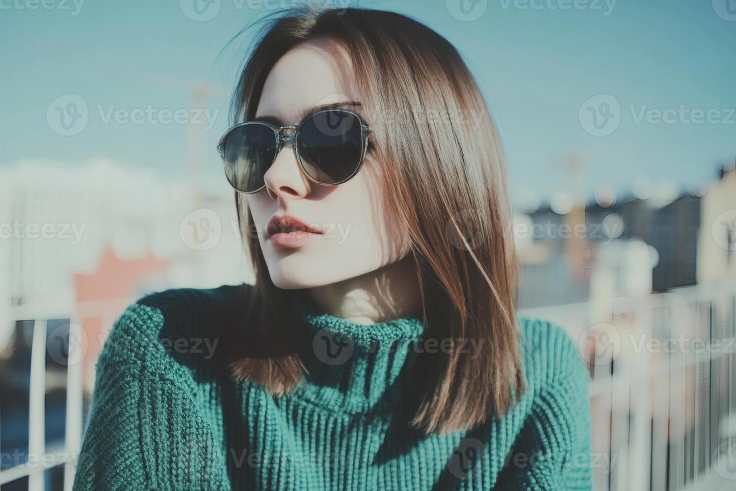 Elegant woman in sunglasses enjoys the warm sunlight on a vibrant city rooftop in the afternoon photo