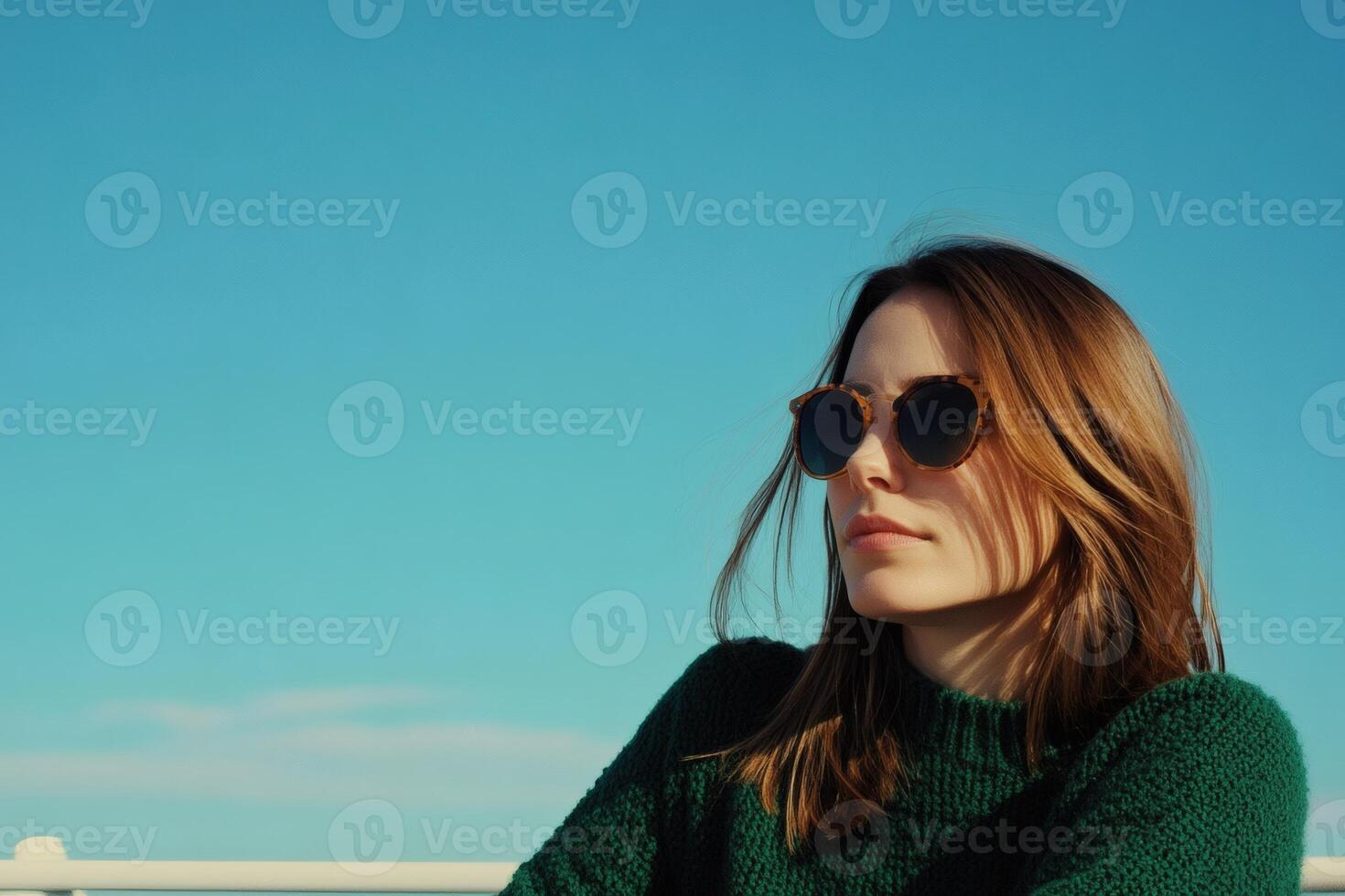 Sun-kissed day aboard a boat as a stylish woman enjoys the gentle breeze under a bright blue sky photo